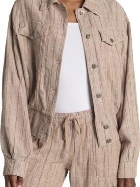 Women's Neutral Beige Striped Linen Blend Jacket